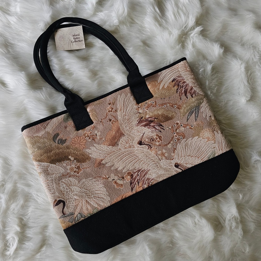 Handcrafted Tote Bag Vintage Japanese Fukuro Obi Crane Brocade